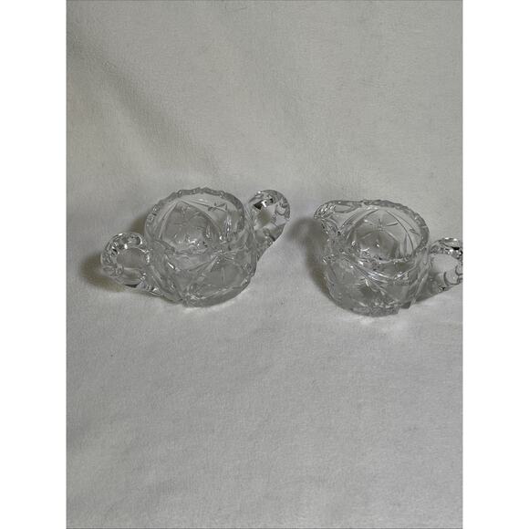 Clear Cut Crystal Glass Etched Floral Handled Creamer Open Sugar Bowl Set- VTG - Picture 1 of 10